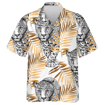 Sketch Of Walking Leopard In Gold Exotic Palm Leaves Hawaiian Shirt, Hawaiian Shirt Gift, Christmas Gift