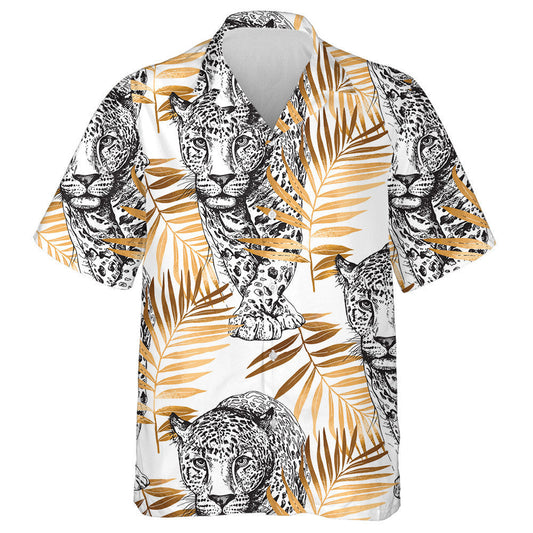 Sketch Of Walking Leopard In Gold Exotic Palm Leaves Hawaiian Shirt, Hawaiian Shirt Gift, Christmas Gift