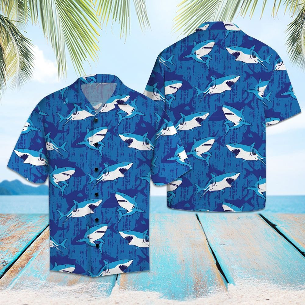 Amazing Shark Swimming On Deep Blue Sea Pattern Hawaiian Shirt, Hawaiian Shirt Gift, Christmas Gift