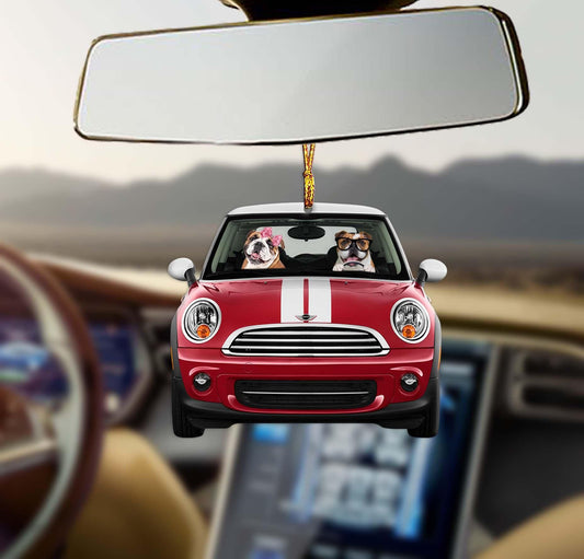 Bulldog Driving red mini cooper Shape Ornament, Happy Christmas Ornament, Christmas Gift, Christmas Decoration