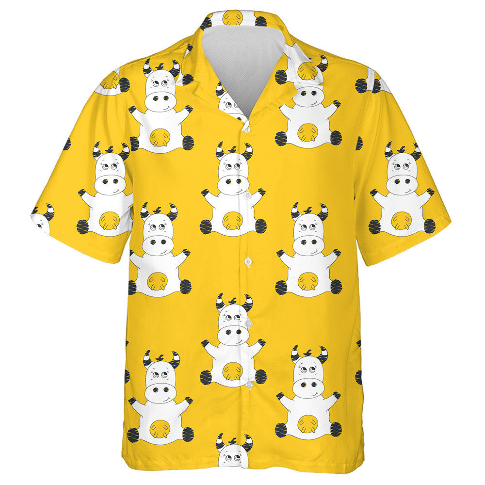 Hand Drawn Cute Cow On Yellow Hawaiian Shirt, Hawaiian For Gift