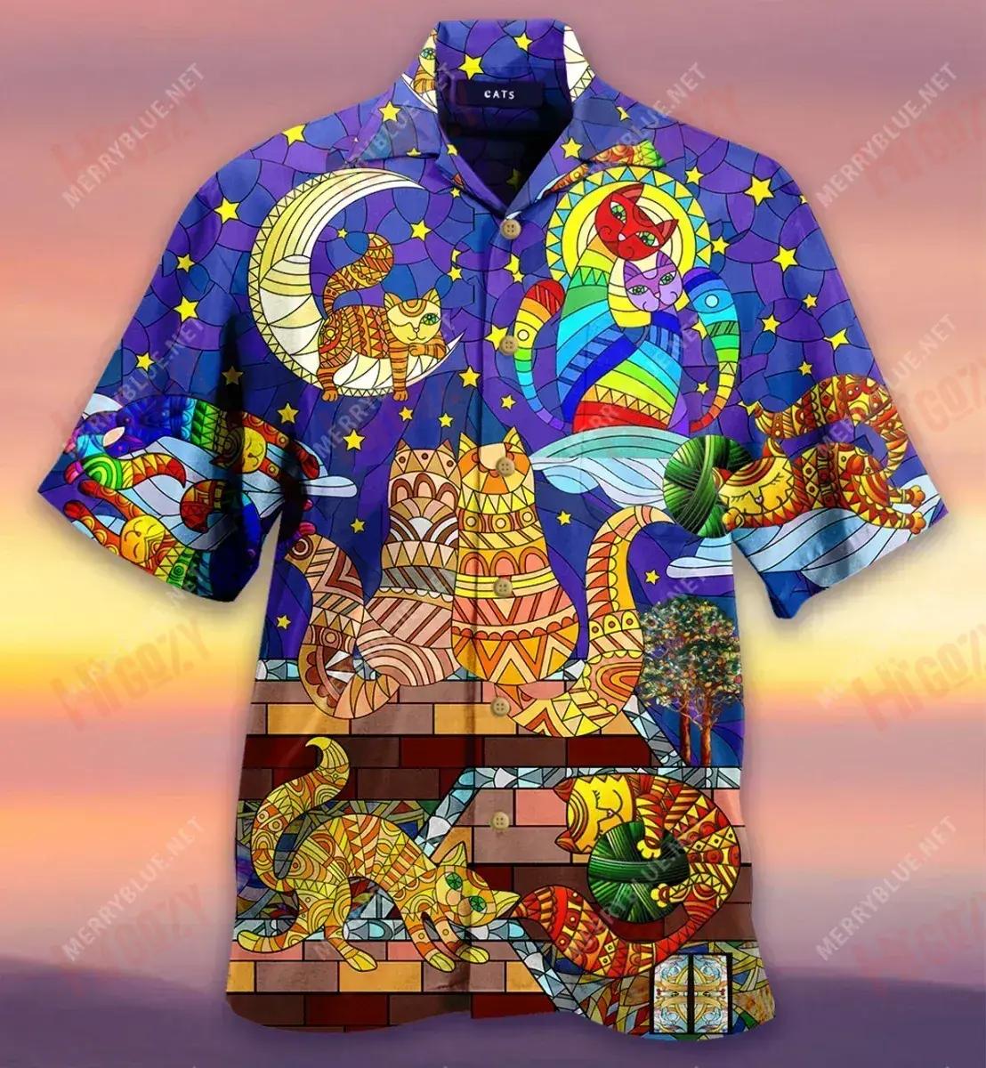 Cat Stained Glass On The Roof Unisex Short Hawaiian Shirt Ocean Hawaiian T Shirts Best Hawaiian Shirts Hawaiian Shirt Pattern, Hawaiian Shirt Gift, Christmas Gift