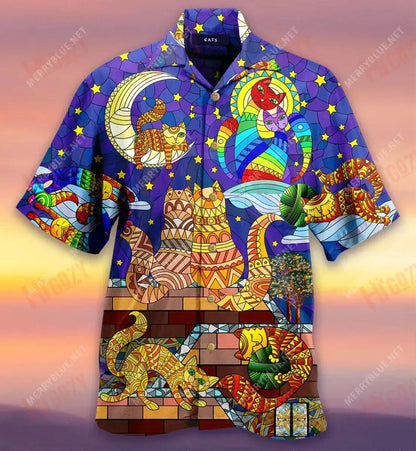 Cat Stained Glass On The Roof Unisex Short Hawaiian Shirt Ocean Hawaiian T Shirts Best Hawaiian Shirts Hawaiian Shirt Pattern, Hawaiian Shirt Gift, Christmas Gift
