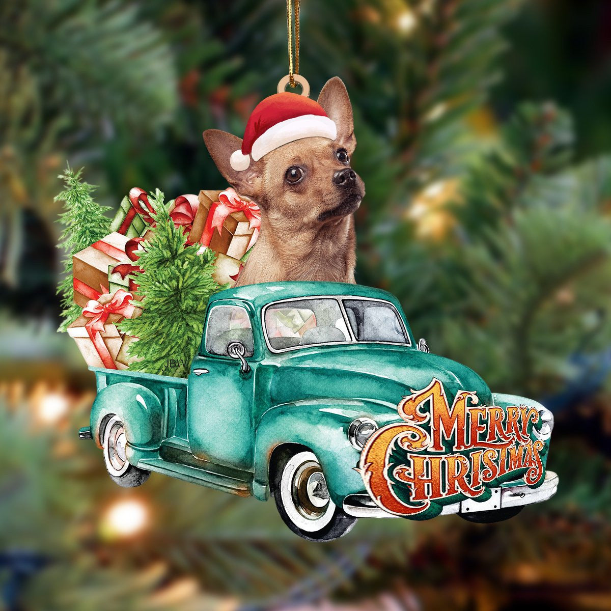 Chihuahua-Green Truck Hanging Christmas Plastic Hanging Ornament, Christmas Gift, Christmas Decoration