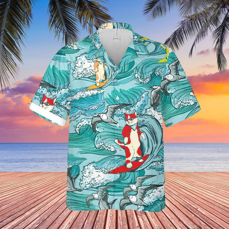 Cat Surfing On The Sea Pattern Hawaiian Shirt, Hawaiian For Gift