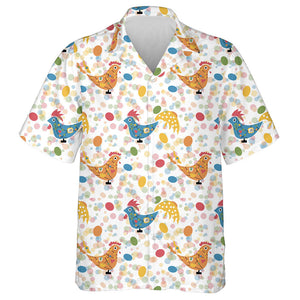 Stylized Festive Chickens And Colorful Eggs Hawaiian Shirt,Hawaiian Shirt Gift, Christmas Gift