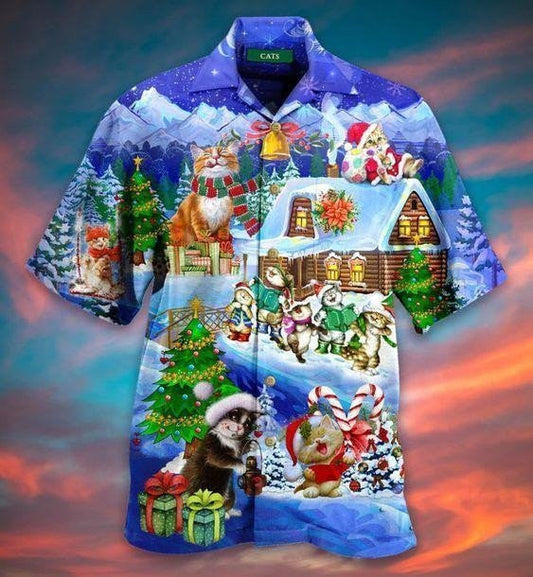 Cute Cats Enjoy Christmas Holiday Design Hawaiian Shirt, Hawaiian Shirt Gift, Christmas Gift