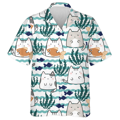Kawaii Cute Cats And Fish With Wave Sea Hawaiian Shirt, Hawaiian Shirt Gift, Christmas Gift