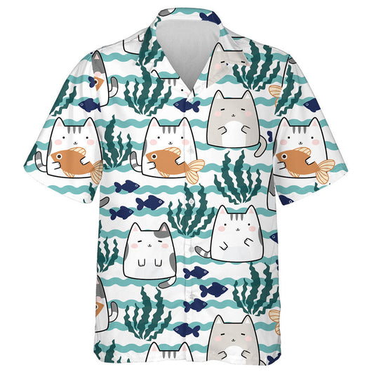 Kawaii Cute Cats And Fish With Wave Sea Hawaiian Shirt, Hawaiian Shirt Gift, Christmas Gift