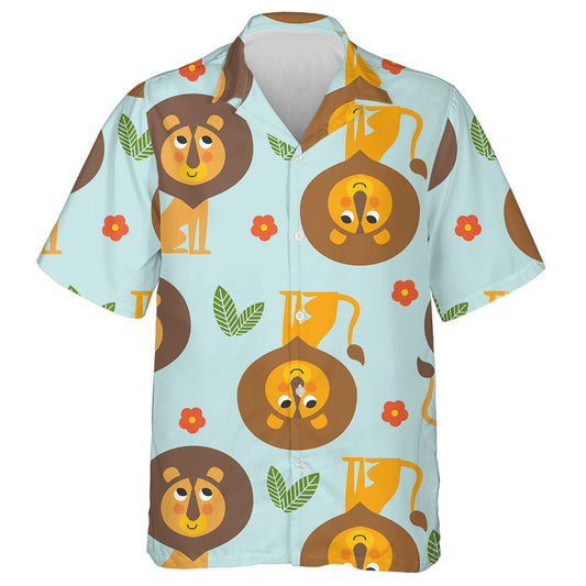 Funny Lions Leaves And Flowers On Blue Background Hawaiian Shirt, Hawaiian Shirt Gift, Christmas Gift