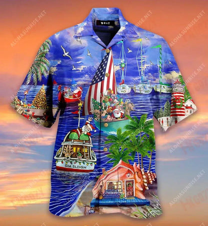 Santa Claus On Sea Sleigh Boat Come To Christmas Short Hawaiian Shirt Vacation Tropical Shirts Hawaiian Crazy Shirts Funny Hawaiian Shirts, Hawaiian Shirt Gift, Christmas Gift