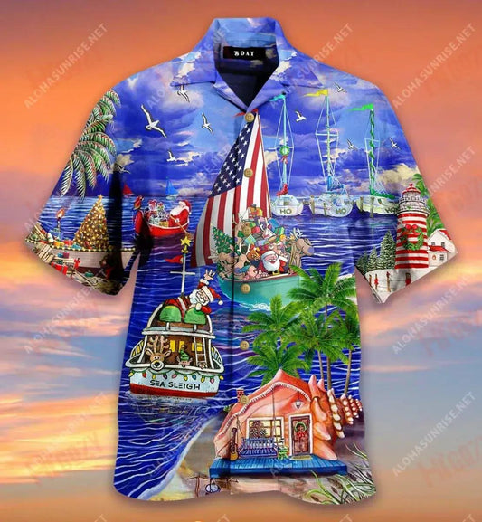 Santa Claus On Sea Sleigh Boat Come To Christmas Short Hawaiian Shirt Vacation Tropical Shirts Hawaiian Crazy Shirts Funny Hawaiian Shirts, Hawaiian Shirt Gift, Christmas Gift