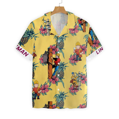 Lineman Pineapple On Yellow Design Hawaiian Shirt, Hawaiian Shirt Gift, Christmas Gift