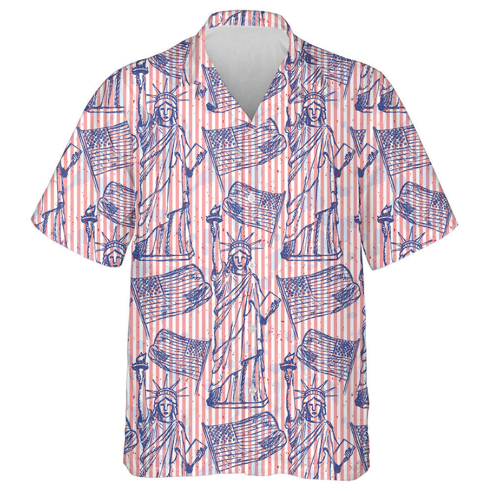 Vintage Blue Outline Sketch Statue Of Liberty And Flag Hawaiian Shirt, Hawaiian Shirt Gift, Christmas Gift