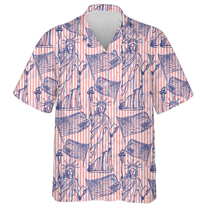 Vintage Blue Outline Sketch Statue Of Liberty And Flag Hawaiian Shirt, Hawaiian Shirt Gift, Christmas Gift