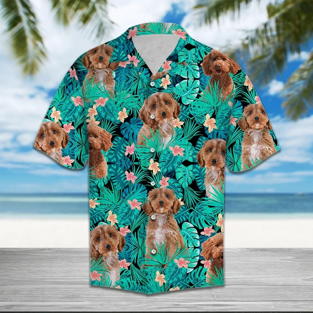 Cockapoo Behind Tropical Forest Pattern Hawaiian Shirt, Hawaiian For Gift