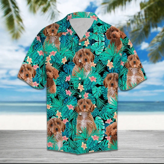 Cockapoo Behind Tropical Forest Pattern Hawaiian Shirt, Hawaiian For Gift