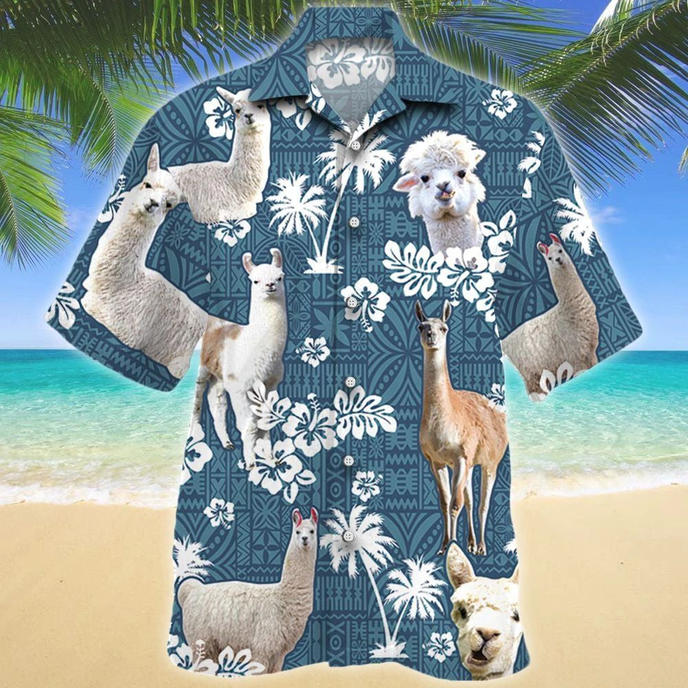 Llama Blue Tribal Hibiscus On Denim Jean Pattern Hawaiian Shirt, Hawaiian Shirt Gift, Christmas Gift