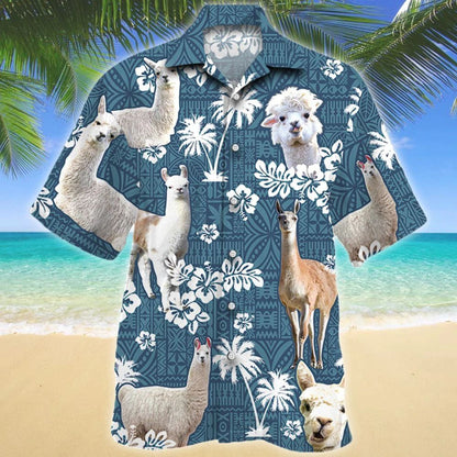 Llama Blue Tribal Hibiscus On Denim Jean Pattern Hawaiian Shirt, Hawaiian Shirt Gift, Christmas Gift