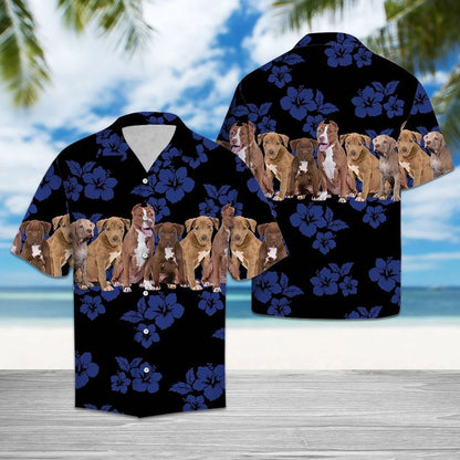 Awesome American Pit Bull Terrier Navy Hibiscus Pattern Hawaiian Shirt, Hawaiian Shirt Gift, Christmas Gift