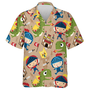 Little Knight Cartoon With Funny Dragon Hawaiian Shirt, Hawaiian For Gift