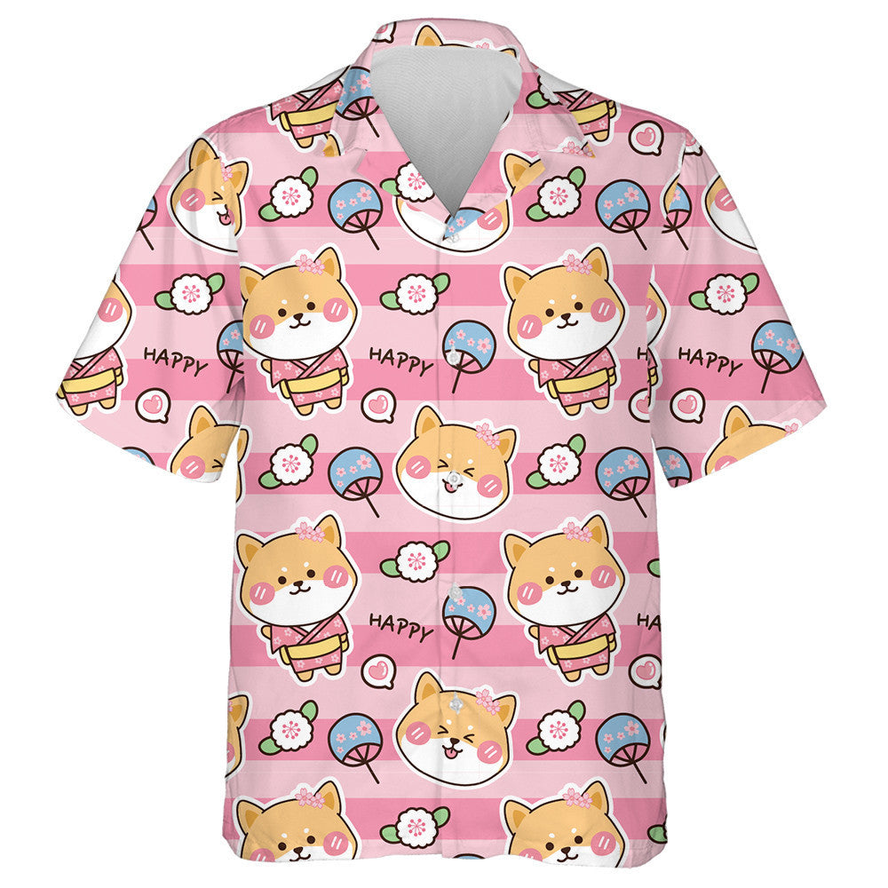 Cartoon Cute Shiba Inu With Flower Isolated Background Hawaiian Shirt, Hawaiian Shirt Gift, Christmas Gift