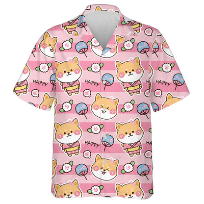 Cartoon Cute Shiba Inu With Flower Isolated Background Hawaiian Shirt, Hawaiian Shirt Gift, Christmas Gift