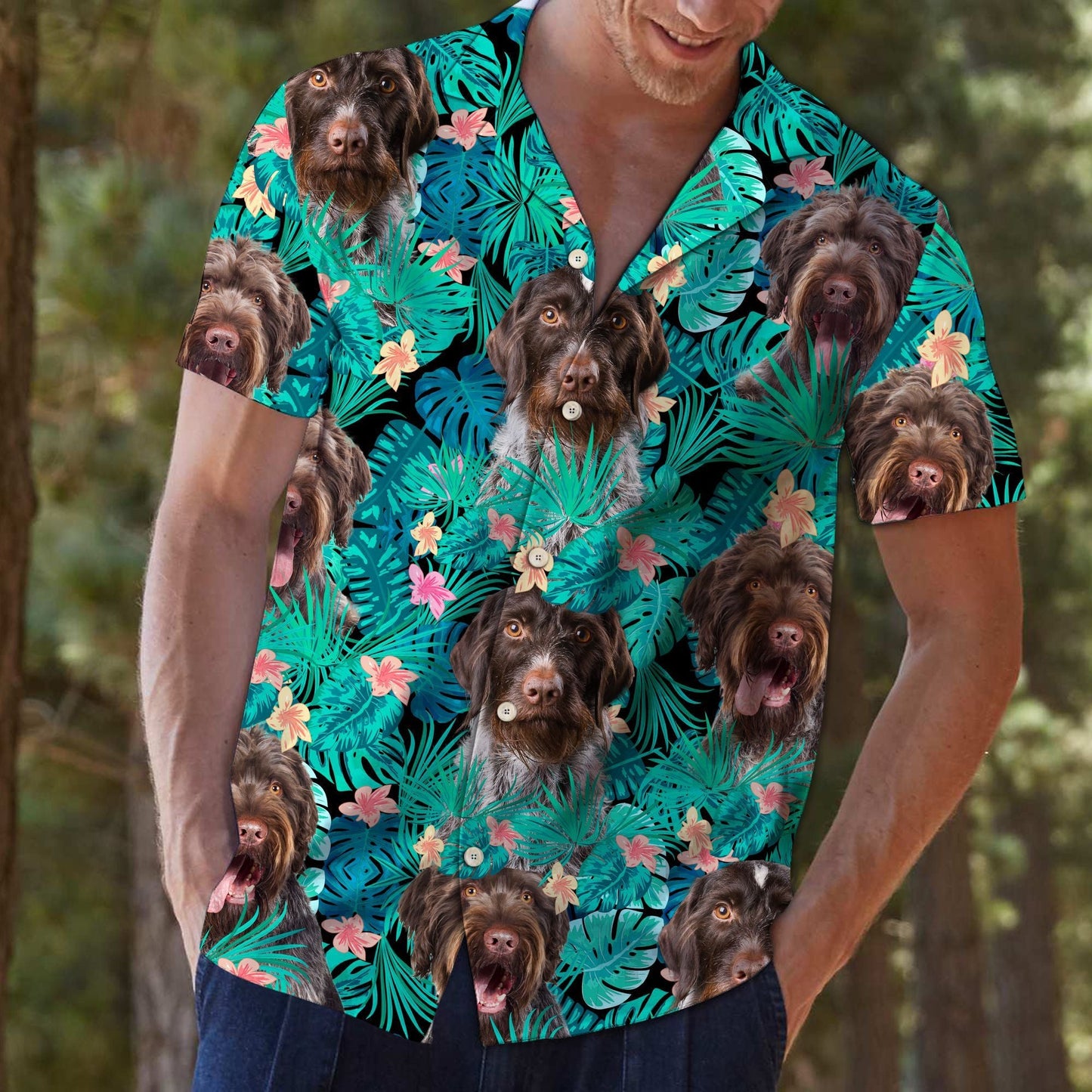German Wirehaired Pointer In Green Tropical Leaves And Flowers Hawaiian Shirt, Hawaiian Shirt Gift, Christmas Gift