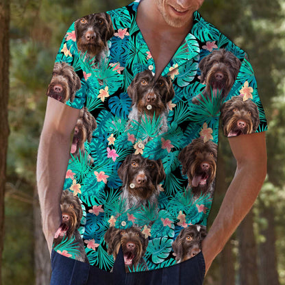 German Wirehaired Pointer In Green Tropical Leaves And Flowers Hawaiian Shirt, Hawaiian Shirt Gift, Christmas Gift