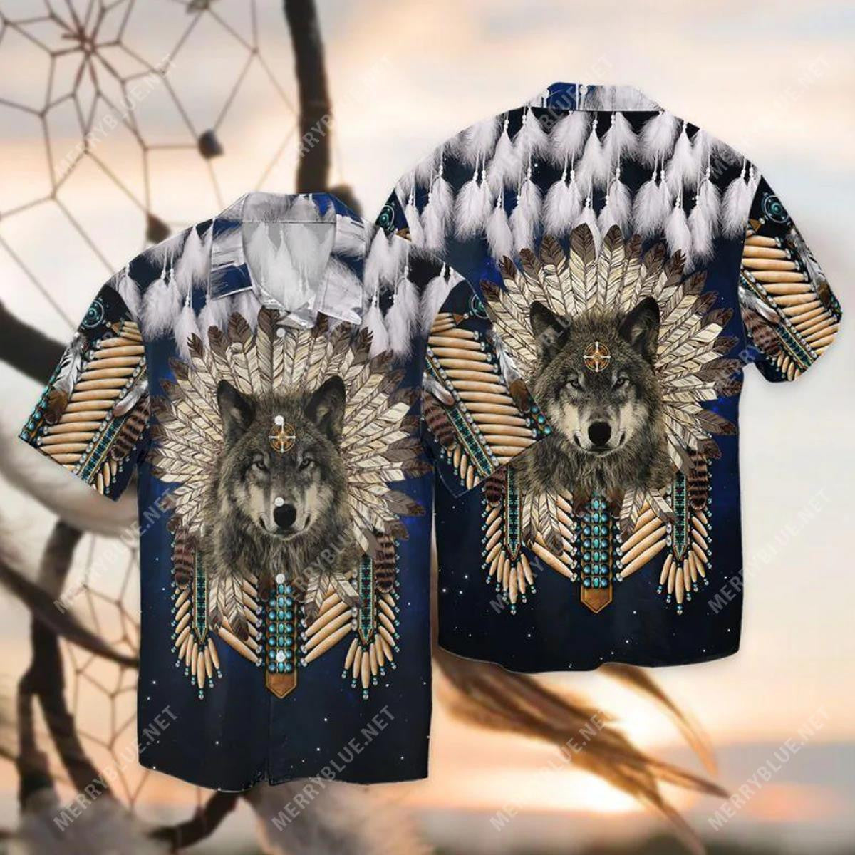 Native Wolf Feather Style Navy Background Design Hawaiian Shirt, Hawaiian Shirt Gift, Christmas Gift