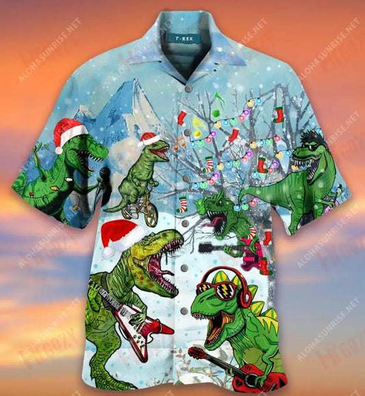 Dinosaurs Play Guitar Party Music In Christmas Holiday Short Hawaiian Shirt Vacation Hawaiian T Shirts Vintage Hawaiian Shirts Funny Hawaiian Shirts, Hawaiian Shirt Gift, Christmas Gift