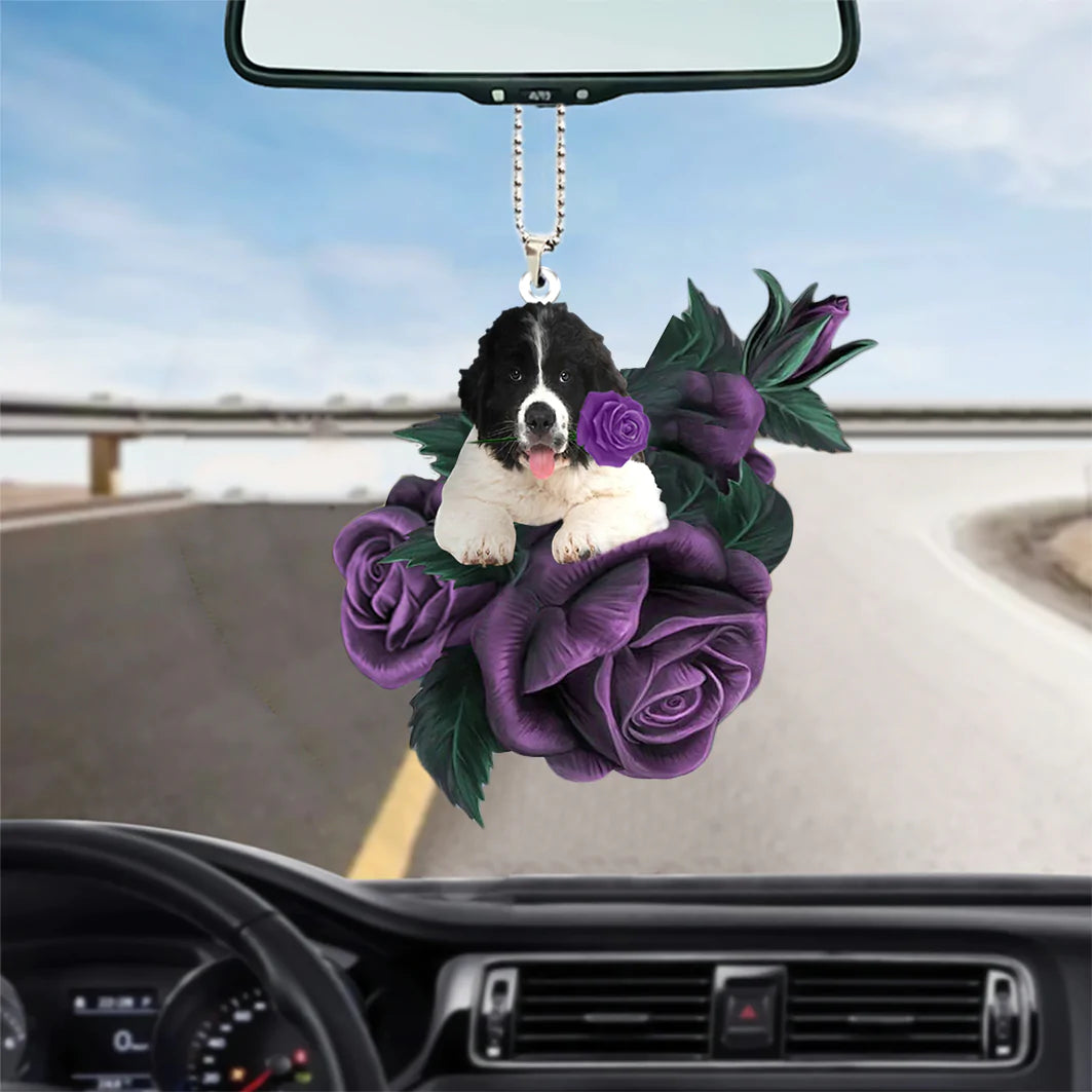 Newfoundland In Purple Rose Car Hanging Ornament, Christmas Decoration