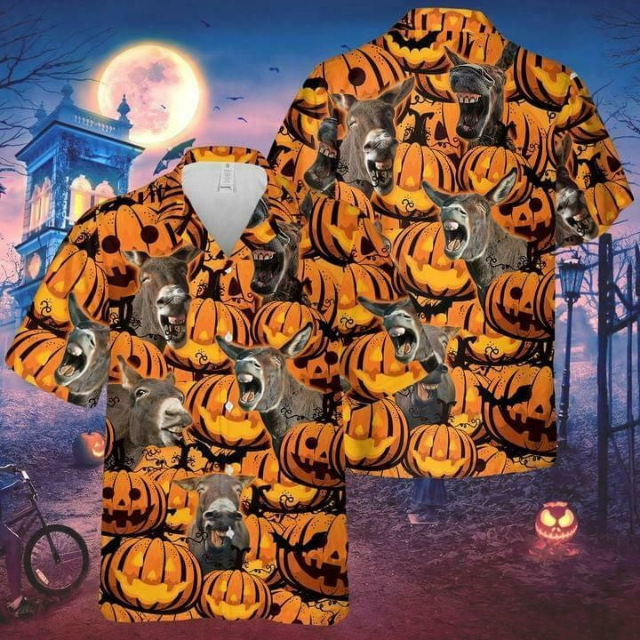 Funny Donkey Halloween Pumpkin Lantern Background Hawaiian Shirt,Hawaiian Shirt Gift, Christmas Gift