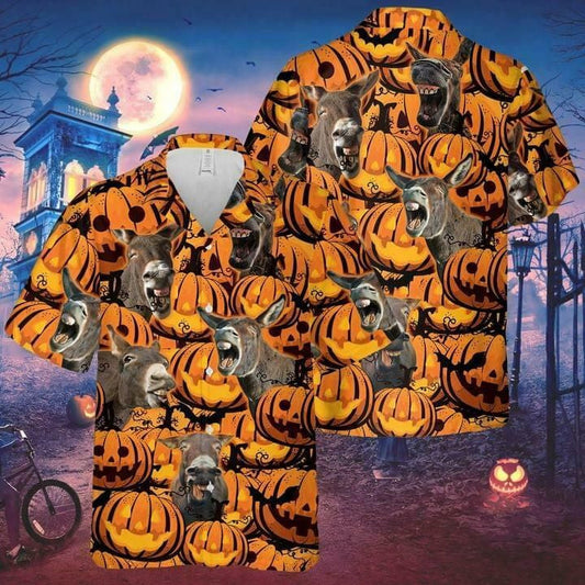 Funny Donkey Halloween Pumpkin Lantern Background Hawaiian Shirt,Hawaiian Shirt Gift, Christmas Gift