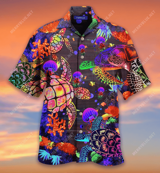 Neon Turtle Hawaiian Shirt, Hawaiian Shirt Gift, Christmas Gift