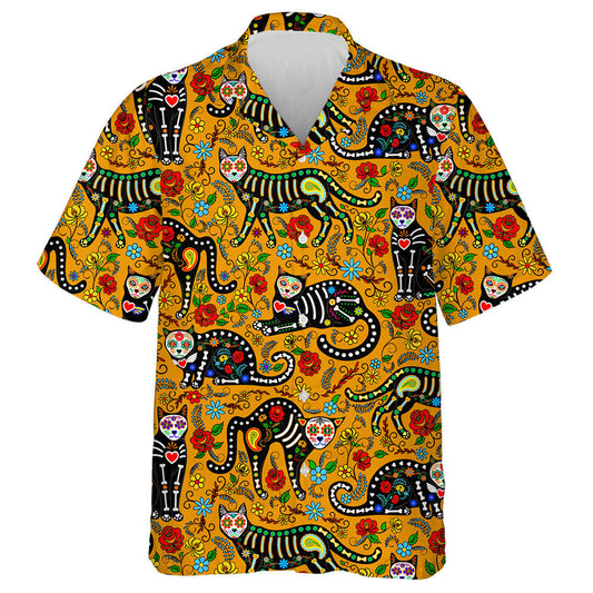 Black Cat Skull Sugar Calavera In Mexico Style Hawaiian Shirt, Hawaiian Shirt Gift, Christmas Gift