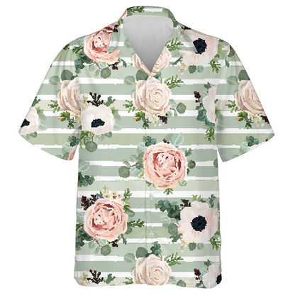 Beautiful Rose Flower On Green And White Striped Background Hawaiian Shirt, Hawaiian Shirt Gift, Christmas Gift