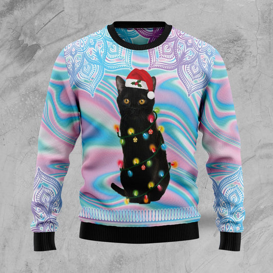 Black Cat Hologram Pattern Ugly Christmas Sweater, Christmas Ugly Sweater,Christmas Gift,Gift Christmas 2022