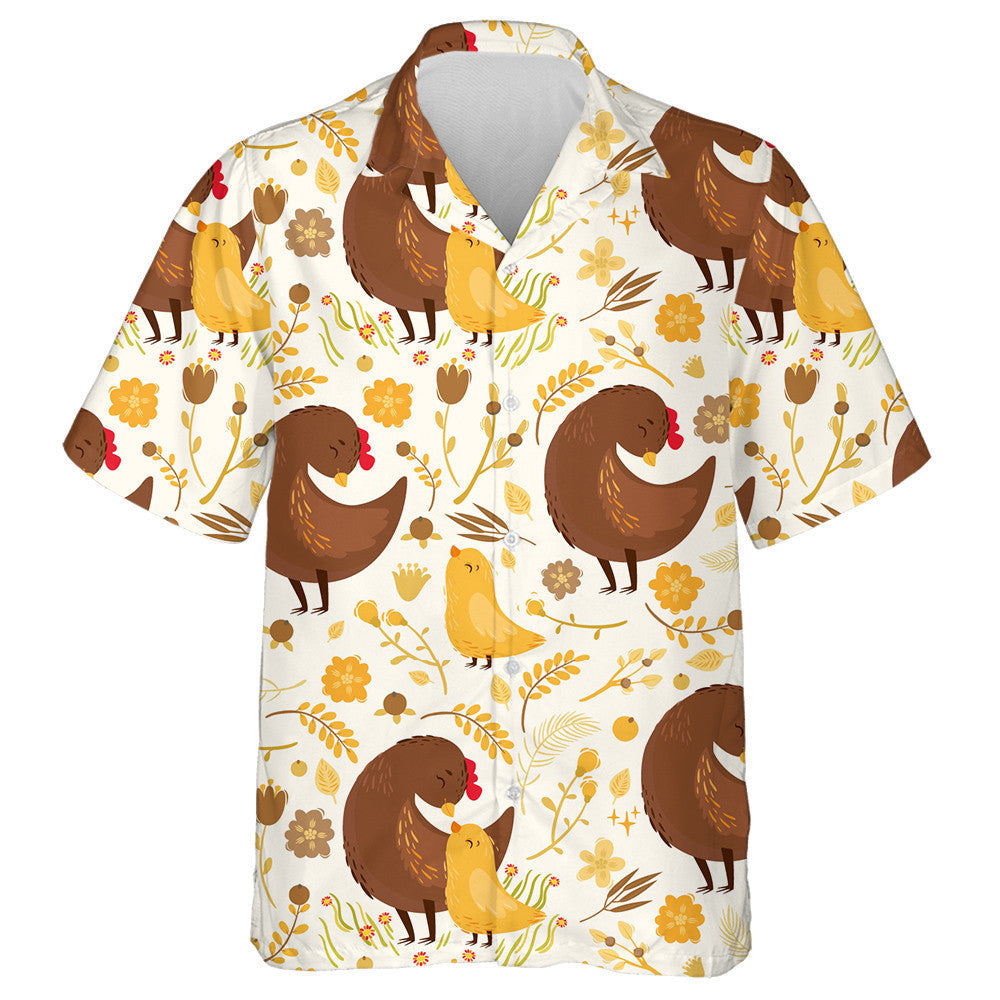 Lovely Hen And Little Chicken With Yellow Plant Hawaiian Shirt, Hawaiian Shirt Gift, Christmas Gift