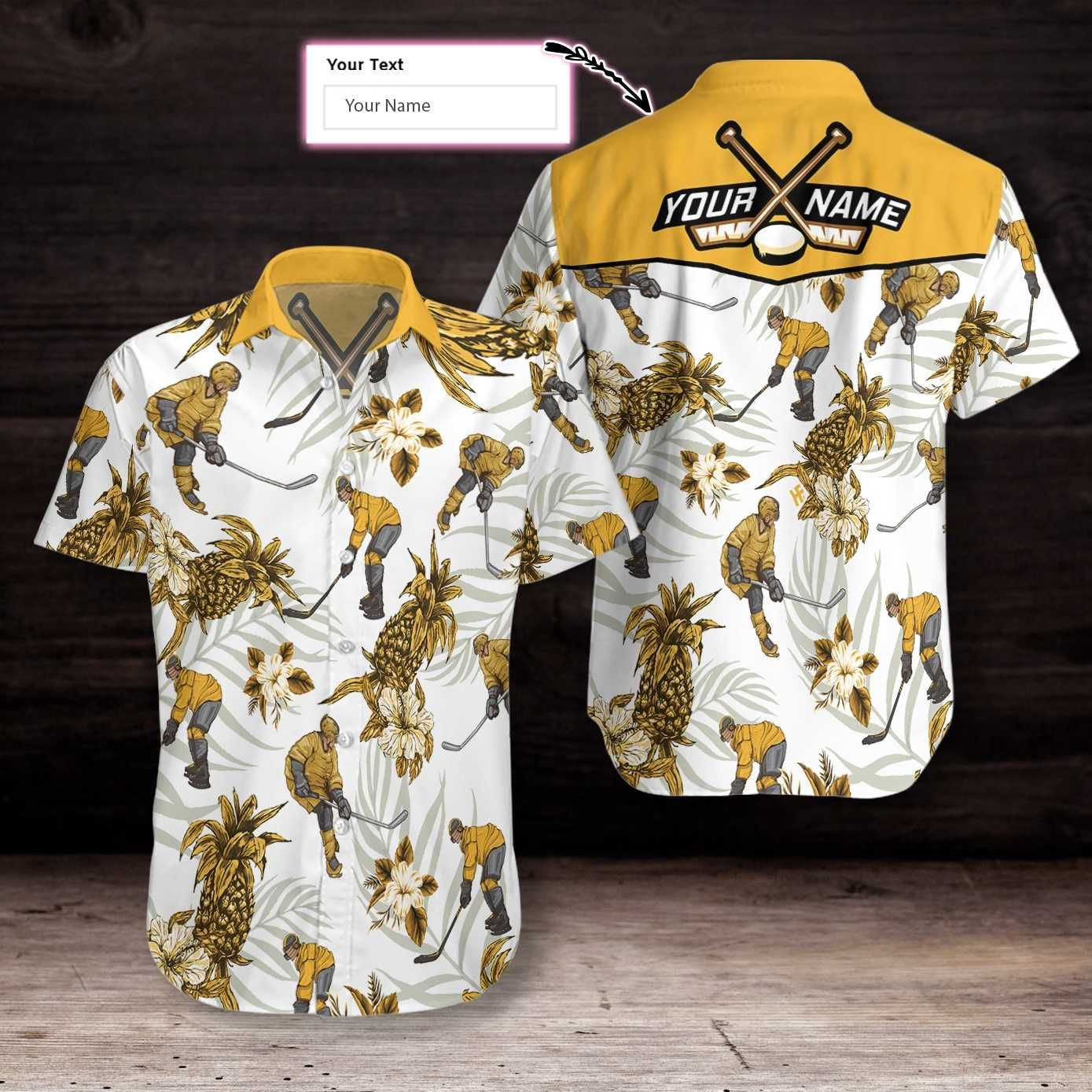 Hockey Pineapple Seamless Pattern White Theme Custom Name Hawaiian Shirt, Hawaiian Shirt Gift, Christmas Gift