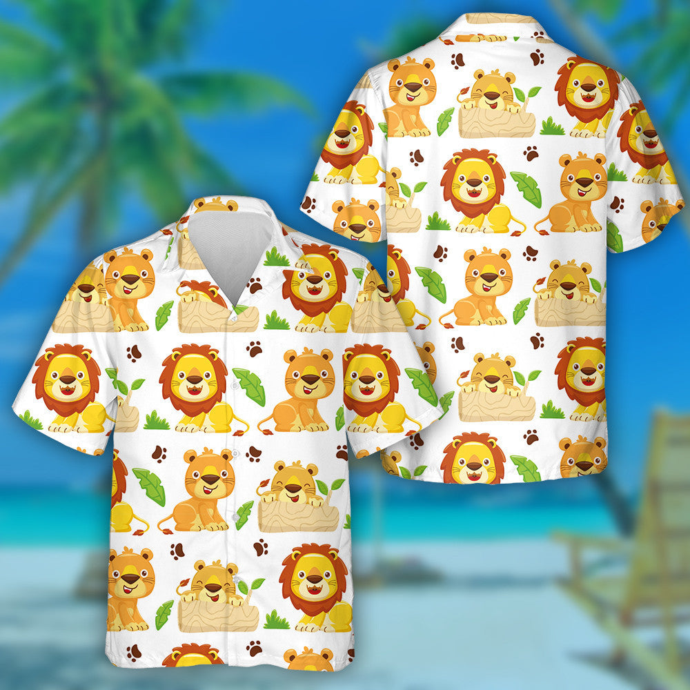 Happy Lion Family With Log Grass And Leaf Hawaiian Shirt, Hawaiian Shirt Gift, Christmas Gift