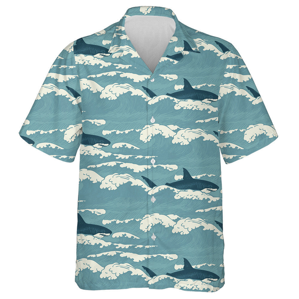 Hand Drawn Vintage Pattern Of Sharks And Waves Hawaiian Shirt, Hawaiian Shirt Gift, Christmas Gift