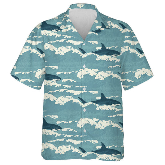 Hand Drawn Vintage Pattern Of Sharks And Waves Hawaiian Shirt, Hawaiian Shirt Gift, Christmas Gift
