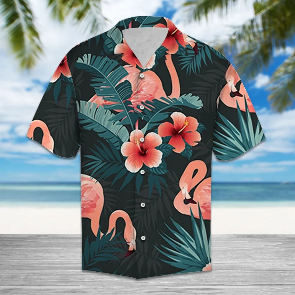 Giant Flamingo In Tropical Forest Hawaiian Shirt,Hawaiian Shirt Gift, Christmas Gift