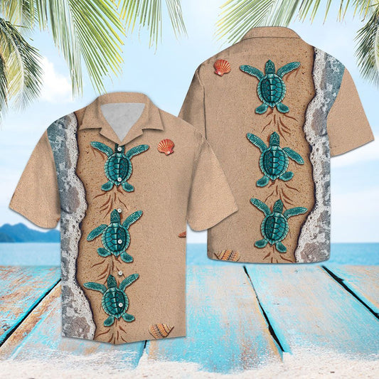 Funny Turtle Group On Beach Pattern Hawaiian Shirt,Hawaiian Shirt Gift, Christmas Gift