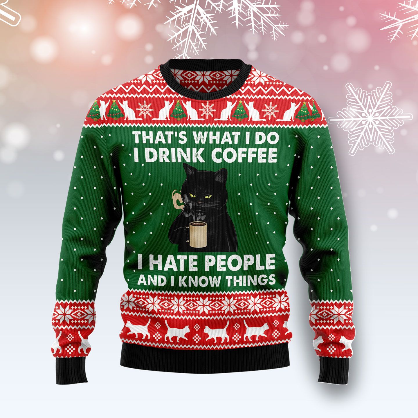 Black Cat Drink Coffee Ugly Christmas Sweater, Christmas Ugly Sweater,Christmas Gift,Gift Christmas 2022