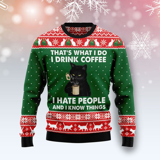 Black Cat Drink Coffee Ugly Christmas Sweater, Christmas Ugly Sweater,Christmas Gift,Gift Christmas 2022