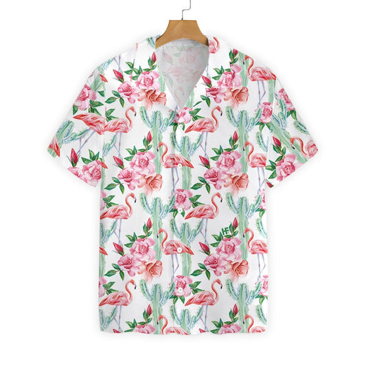Tropical Flamingo Faint Cactus Pattern Hawaiian Shirt,Hawaiian Shirt Gift, Christmas Gift
