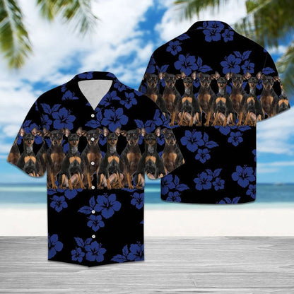 Awesome Miniature Pinscher Tropical Hibiscus On Black Pattern Hawaiian Shirt, Hawaiian Shirt Gift, Christmas Gift