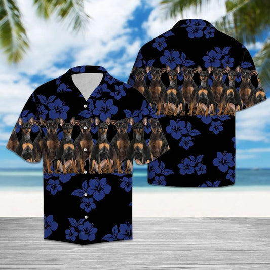 Awesome Miniature Pinscher Tropical Hibiscus On Black Pattern Hawaiian Shirt, Hawaiian Shirt Gift, Christmas Gift